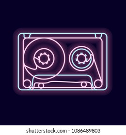 Glowing neon vector compact cassette for your design