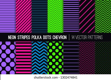 Glowing Neon Vector Patterns in Polka Dots, Chevron and Stripes. Fluorescent Lime Green, Pink, Blue and Purple Geometric Prints. Glow in the Dark Backgrounds. Pattern Tile Swatches Included.