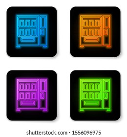 Glowing neon Vending machine of food and beverage automatic selling icon isolated on white background. Black square button. Vector Illustration
