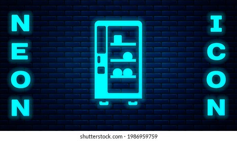 Glowing neon Vending machine of food and beverage automatic selling icon isolated on brick wall background.  Vector