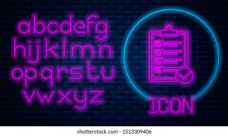 Glowing neon Verification of delivery list clipboard and pen icon isolated on brick wall background. Neon light alphabet. Vector Illustration