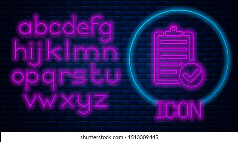 Glowing neon Verification of delivery list clipboard and pen icon isolated on brick wall background. Neon light alphabet. Vector Illustration