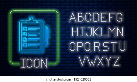 Glowing neon Verification of delivery list clipboard and pen icon isolated on brick wall background. Neon light alphabet. Vector Illustration