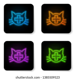 Glowing neon Veterinary clinic symbol icon isolated on white background. Cross with cat veterinary care. Pet First Aid sign. Black square button. Vector Illustration