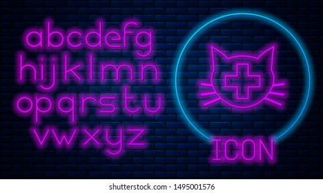 Glowing neon Veterinary clinic symbol icon isolated on brick wall background. Cross with cat veterinary care. Pet First Aid sign. Neon light alphabet. Vector Illustration