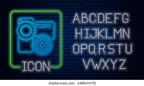 Glowing neon Video camera and gear icon isolated on brick wall background. Adjusting app, service concept, setting options, maintenance, repair, fixing. Neon light alphabet. Vector Illustration
