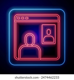 Glowing neon Video chat conference icon isolated on black background. Computer with video chat interface active session on screen.  Vector