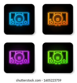 Glowing neon Video game console icon isolated on white background. Black square button. Vector Illustration