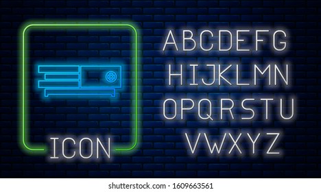 Glowing neon Video game console icon isolated on brick wall background. Neon light alphabet. Vector Illustration