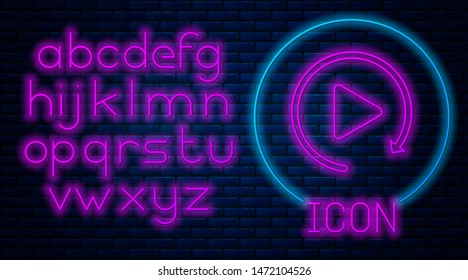 Glowing neon Video play button like simple replay icon isolated on brick wall background. Neon light alphabet. Vector Illustration