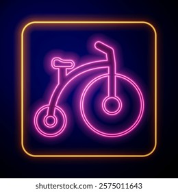 Glowing neon Vintage bicycle with one big wheel and one small icon isolated on black background. Bike public transportation sign.  Vector