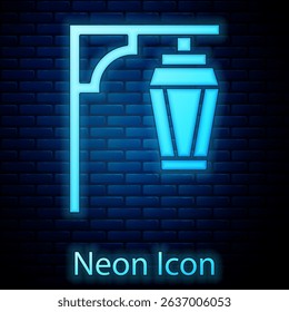 Glowing neon Vintage street light icon isolated on brick wall background.  Vector