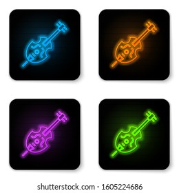 Glowing neon Violin icon isolated on white background. Musical instrument. Black square button. Vector Illustration