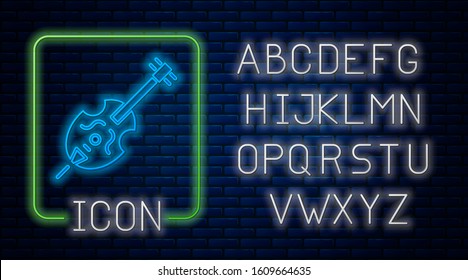 Glowing neon Violin icon isolated on brick wall background. Musical instrument. Neon light alphabet. Vector Illustration