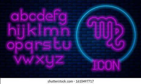 Glowing neon Virgo zodiac sign icon isolated on brick wall background. Astrological horoscope collection. Neon light alphabet. Vector Illustration