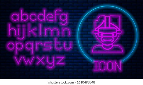Glowing neon Virtual reality glasses icon isolated on brick wall background. Stereoscopic 3d vr mask. Neon light alphabet. Vector Illustration