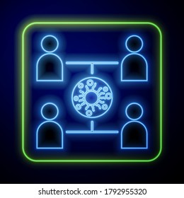 Glowing neon Virus spread icon isolated on blue background. Coronavirus infection infographics.  Vector Illustration