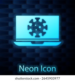 Glowing neon Virus statistics on laptop icon isolated on brick wall background. Corona virus 2019-nCoV. Bacteria and germs, cell cancer, microbe, fungi.  Vector