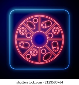 Glowing neon Vitamin complex of pill capsule icon isolated on black background. Healthy lifestyle.  Vector