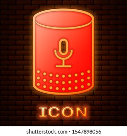 Glowing neon Voice assistant icon isolated on brick wall background. Voice control user interface smart speaker.  Vector Illustration