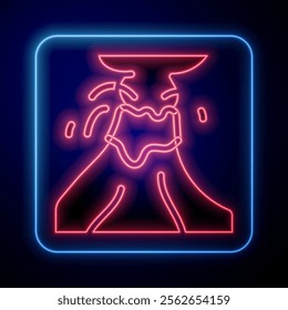 Glowing neon Volcano eruption with lava icon isolated on black background.  Vector