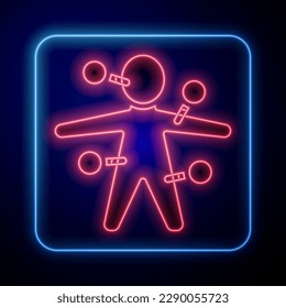 Glowing neon Voodoo doll icon isolated on black background.  Vector