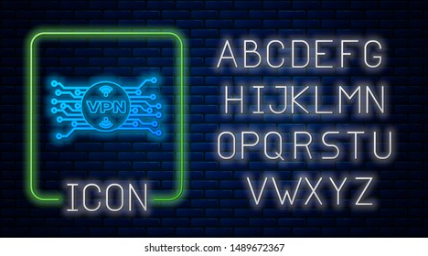 Glowing neon VPN in circle with microchip circuit icon isolated on brick wall background. Neon light alphabet. Vector Illustration