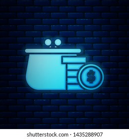 Glowing neon Wallet with coins icon isolated on brick wall background. Purse icon. Cash savings symbol.  Vector Illustration