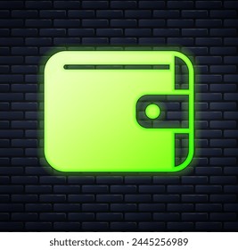 Icono brillante de la cartera de neón aislado en el fondo de la pared de ladrillo. Icono de monedero. Símbolo de ahorro de efectivo.  Vector