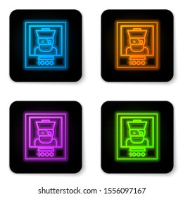 Glowing neon Wanted poster pirate icon isolated on white background. Reward money. Dead or alive crime outlaw. Black square button. Vector Illustration