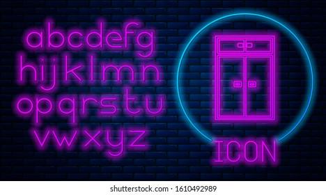 Glowing neon Wardrobe icon isolated on brick wall background. Neon light alphabet. Vector Illustration
