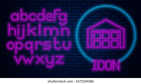 Glowing neon Warehouse icon isolated on brick wall background. Neon light alphabet. Vector Illustration