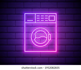 Glowing neon Washer icon isolated on brick wall background. Washing machine icon. Clothes washer - laundry machine. Home appliance symbol. Vector Illustration.