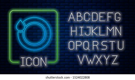 Glowing neon Washing dishes icon isolated on brick wall background. Plate and sponge. Cleaning dishes icon. Dishwasher sign. Clean tableware sign. Neon light alphabet. Vector Illustration