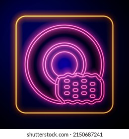 Glowing Neon Washing Dishes Icon Isolated On Black Background. Cleaning Dishes Icon. Dishwasher Sign. Clean Tableware Sign.  Vector