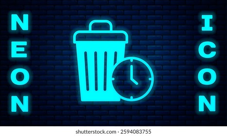 Glowing neon Waste of time icon isolated on brick wall background. Trash can. Garbage bin sign. Recycle basket icon. Office trash icon.  Vector