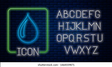 Glowing neon Water drop icon isolated on brick wall background. Neon light alphabet. Vector Illustration