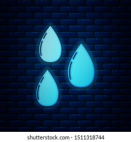 Glowing neon Water drop icon isolated on brick wall background.  Vector Illustration