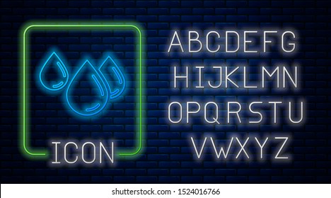 Glowing neon Water drop icon isolated on brick wall background. Neon light alphabet. Vector Illustration