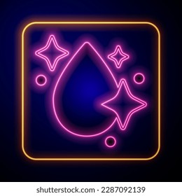 Glowing neon Water drop icon isolated on black background.  Vector