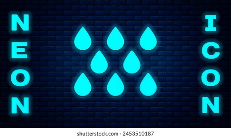 Glowing neon Water drop icon isolated on brick wall background.  Vector