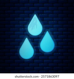 Glowing neon Water drop icon isolated on brick wall background.  Vector