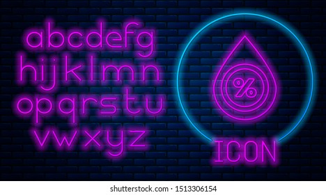 Glowing neon Water drop percentage icon isolated on brick wall background. Humidity analysis. Neon light alphabet. Vector Illustration