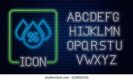 Glowing neon Water drop percentage icon isolated on brick wall background. Humidity analysis. Neon light alphabet. Vector Illustration