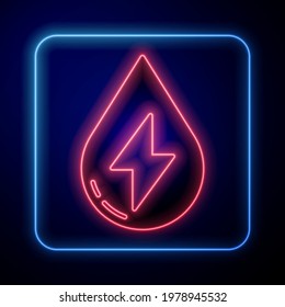 Glowing neon Water energy icon isolated on blue background. Ecology concept with water droplet. Alternative energy concept.  Vector Illustration