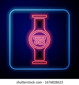 Glowing neon Water meter with pipeline icon isolated on blue background.  Vector Illustration