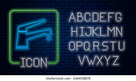 Glowing neon Water tap with a falling water drop icon isolated on brick wall background. Neon light alphabet. Vector Illustration