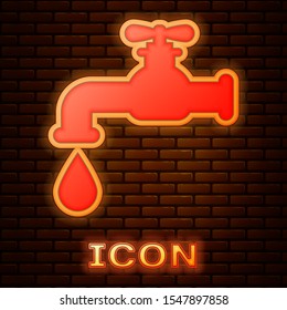 Glowing neon Water tap with a falling water drop icon isolated on brick wall background.  Vector Illustration