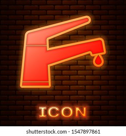 Glowing neon Water tap with a falling water drop icon isolated on brick wall background.  Vector Illustration