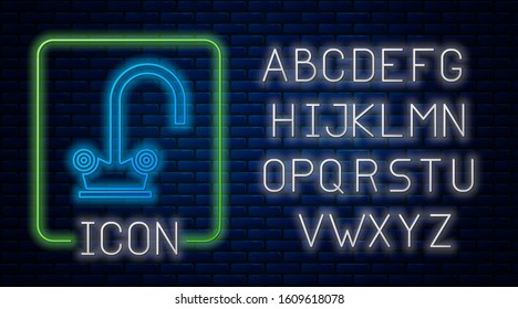 Glowing neon Water tap icon isolated on brick wall background. Neon light alphabet. Vector Illustration